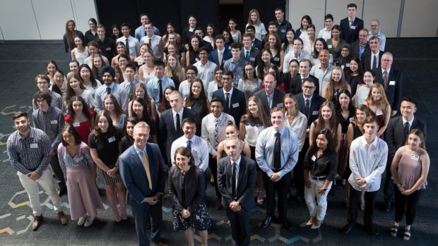 HSC first-in-course students with Premier Gladys Berejiklian, NESA CEO David de Carvalho, left, and chairperson Tom Alegounarias.