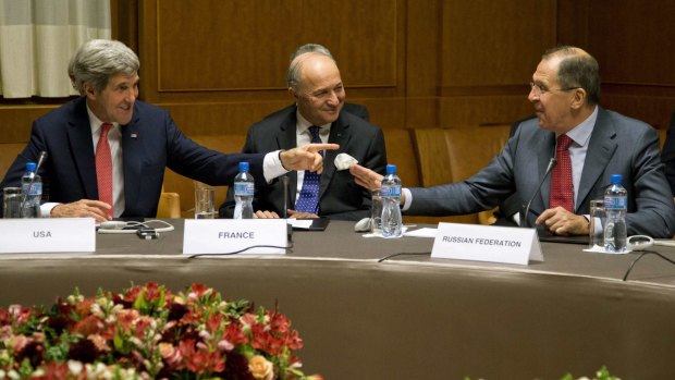 Long time coming: (From left) US Secretary of State John Kerry, French Foreign Minister Laurent Fabius and Russian Foreign Minister Sergei Lavrov at the Iran nuclear talks in Geneva back in November 2013.  New talks stalled this week.
