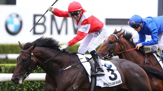 Opie Bosson rides Mongolian Khan to a win in The BMW Australian Derby at Royal Randwick in April.