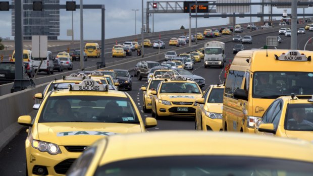 Taxi drivers angry at deregulation within the industry were out in force on the Bolte Bridge last Monday.
