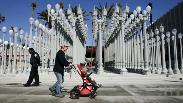 The Urban Light installation by artist Chris Burden at the Los Angeles County Museum of Art.