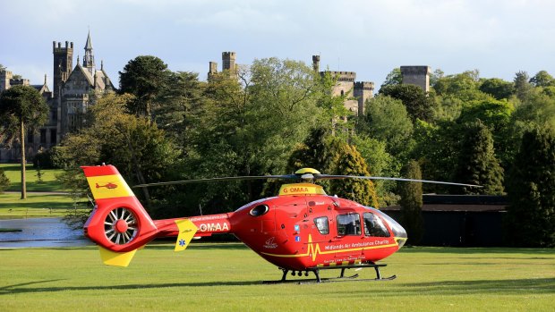 The West Midlands Air Ambulance waits to ferry the injured to hospital at Alton Towers.