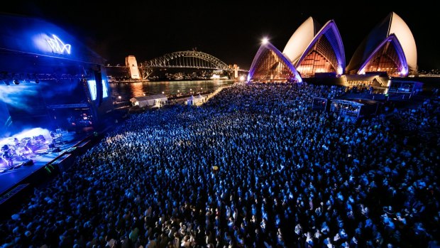 A big crowd listens to Tame Impala at the Opera House forecourt show. 