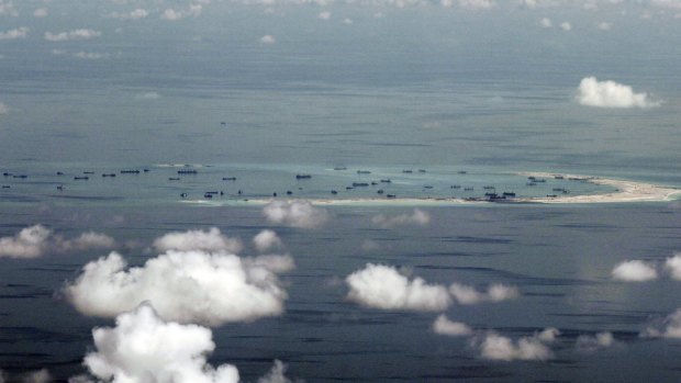 Land reclamation of Mischief Reef in the Spratly Islands in the South China Sea.