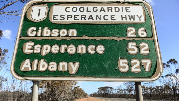 The scorched Coolgardie Esperance road sign damaged by the Esperance fires