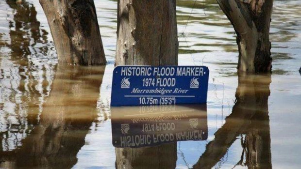 Flood and drought: Flood waters rise against a historic flood marker near the Murrumbidgee River at Wagga Wagga.