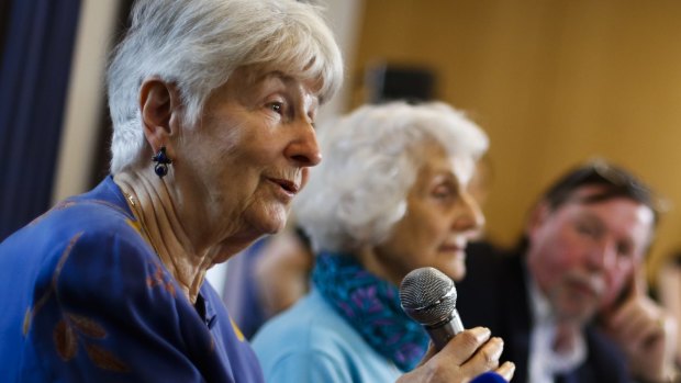 Auschwitz survivors Hedy Bohm, from Canada (left)  and Eva Pusztai-Fahidi from Hungary, with Christoph Heubner of the International Auschwitz Committee on Monday.