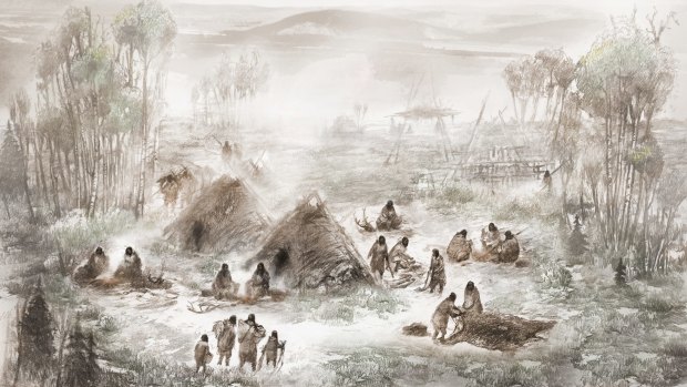 An illustration of ancient Native Americans in what is today called the Upward Sun River site in central Alaska. 
