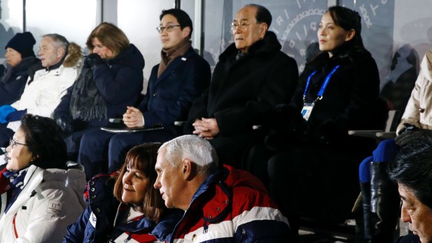 Rare assembly: US Vice President Mike Pence, bottom right, and Kim Yong Nam, second from top right, president of the Presidium of North Korean Parliament, and Kim Yo Jong, sister of North Korean leader Kim Jong-un.
