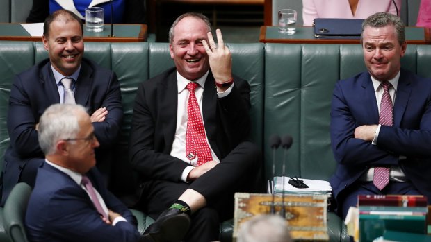 Prime Minister Malcolm Turnbull, Energy Minister Josh Frydenberg, Deputy Prime Minister Barnaby Joyce and Defence Industries Minister Christopher Pyne during question time on Tuesday.