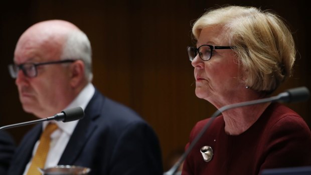 Senator George Brandis and Gillian Triggs during budget estimates at Parliament House, May 2017.