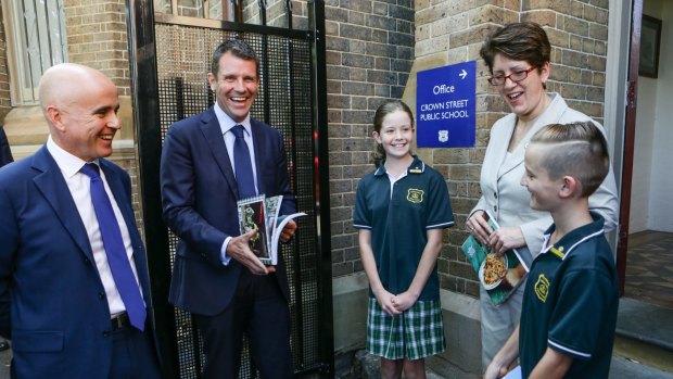 Education Minister Adrian Piccoli and NSW Premier Mike Baird at Crown Street Public School in March.