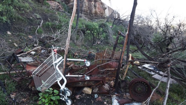 Dumped shopping trolleys, plastic and car parts in Belrose, Sydney.