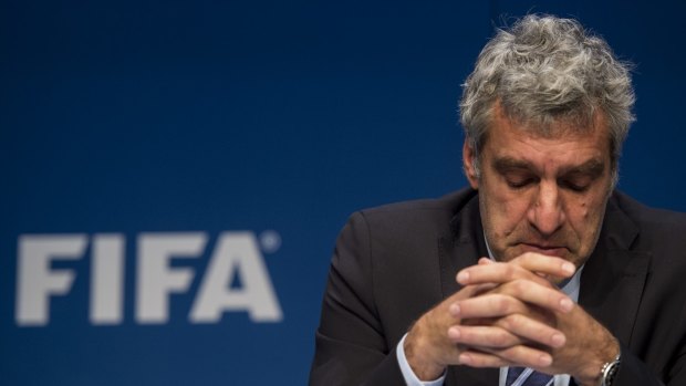 Walter De Gregorio, FIFA Director of Communications and Public Affairs, addresses the media after the arrests of soccer officials in a US corruption probe.