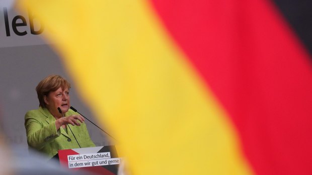 Angela Merkel, Germany's chancellor and Christian Democratic Union leader, speaks during an election campaign rally in Torgau, Germany.