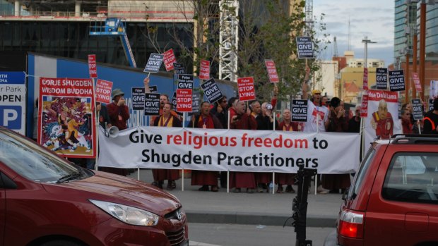Members of the Sugden community staged a protest near the Perth Arena on Sunday.