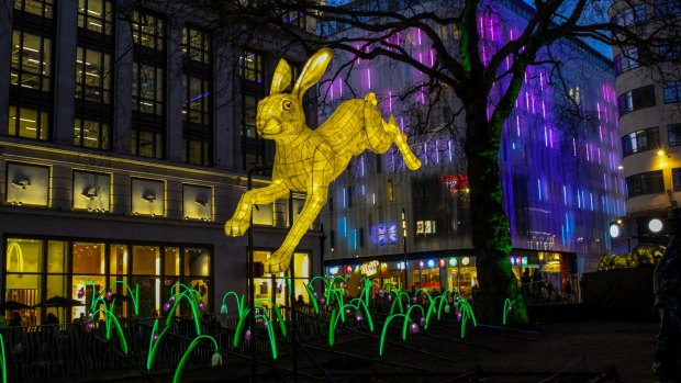 An illuminated hare in Leicester Square for London's Lumiere festival.