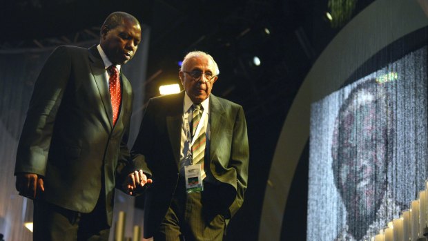 Ahmed Kathrada (right) in 2013, after speaking at Nelson Mandela's funeral. The two were sentenced to life in prison for fight for equality.