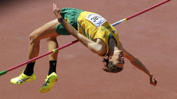 Australia's Brandon Starc competes in the men's high jump qualification.