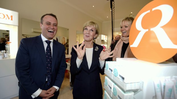 Foreign Minister Julie Bishop campaigning with candidate for Goldstein Tim Wilson in Hampton St, Hampton. Alex Fevola gave them a look around her business Runway Room. 