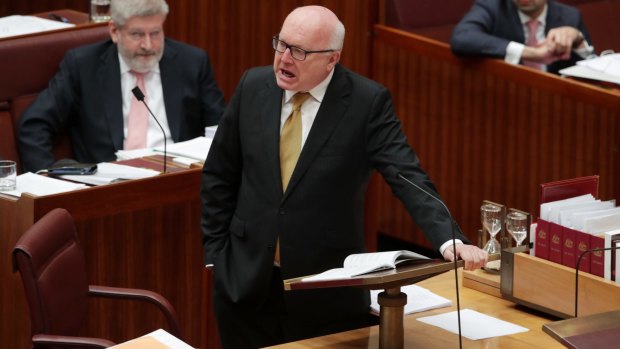 Attorney-General George Brandis attacks Pauline Hanson for wearing the burqa in the Senate.