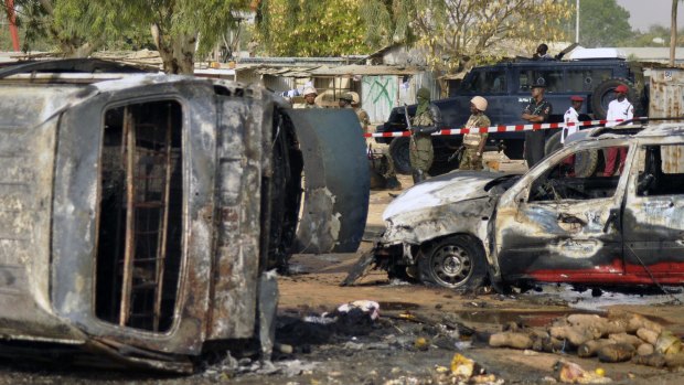 The site of a bomb explosion caused by suicide bombers at a bus station in Kano, Nigeria in 2015. Boko Haram has been linked to the suicide bomb in northern Cameroon that killed 12 people in a mosque on Wednesday.