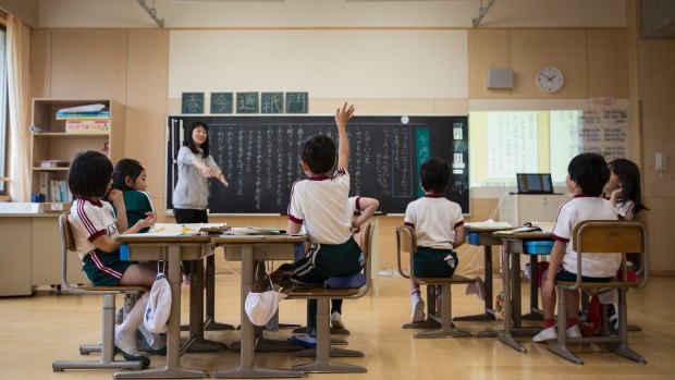 A class of elementary school students in Naraha. Families' reluctance to return has meant that those who do enjoy much smaller class sizes than is typical in Japan.