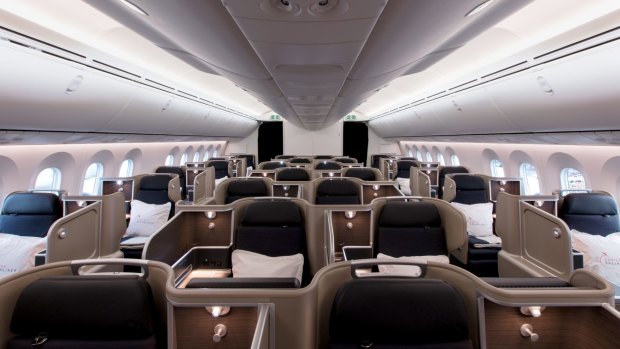 The Qantas Dreamliner 787 business class cabin.