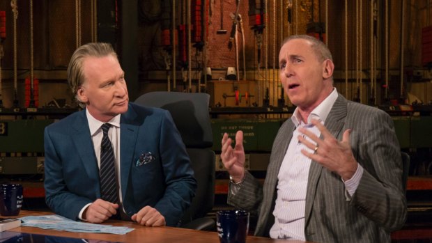 Bill Maher, left, with Tony Schwartz, co-author of Donald Trump's book <i>The Art of the Deal</i>, who is reportedly helping Hillary Clinton.