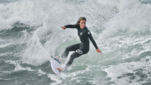 Victorian surfer Nikki Van Dijk tries some moves at Bells Beach before the Rip Curl Pro starting Wednesday. 