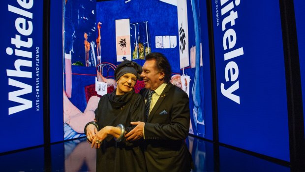 Lyndon Terracini with Wendy Whiteley, former wife of Brett Whiteley on the stage of the Joan Sutherland Theatre.