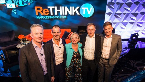Chief executives (left to right) Nine's Hugh Marks, Ten's Paul Anderson, ThinkTV's Kim Portrate, Foxtel's Peter Tonagh and Seven's Tim Worner at the first ThinkTV conference.