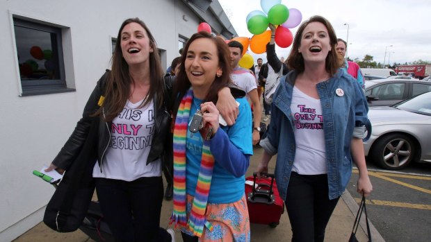 Irish nationals arrive by ferry at Dublin port in Ireland, as they prepare to vote on same-sex marriage.