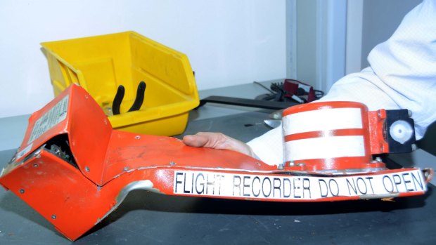 One of two Metrojet Airbus A321-200 flight recorders  on display at an undisclosed location in Egypt, on Sunday.
