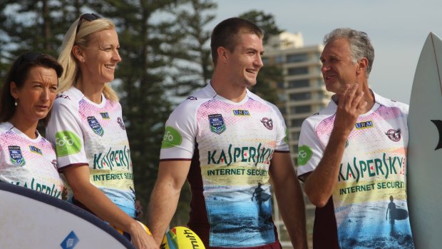 Surf's up: Layne Beachley, Kerri Pottharst, Kieran Foran and Barton Lynch at the launch of Manly's Nines jumper.