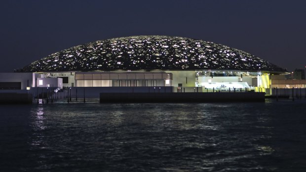 The night view of the Louvre Abu Dhabi, United Arab Emirates.