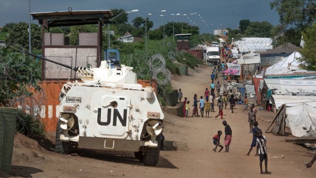 UN peacekeeper armoured personnel vehicle in a refugee camp in Juba, South Sudan. 