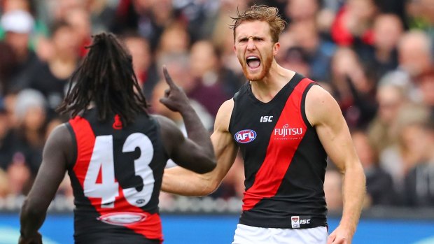 Reason to shout: Anthony McDonald-Tipungwuti and James Stewart of the Bombers.