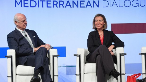 Federica Mogherini, right, European Union representative for foreign affairs, and United Nations envoy for Syria Staffan de Mistura during a news conference in Rome on Saturday.