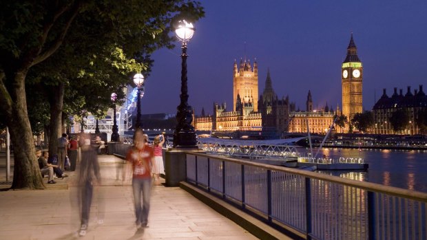 Evening view towards the Houses of Parliament from South Bank.