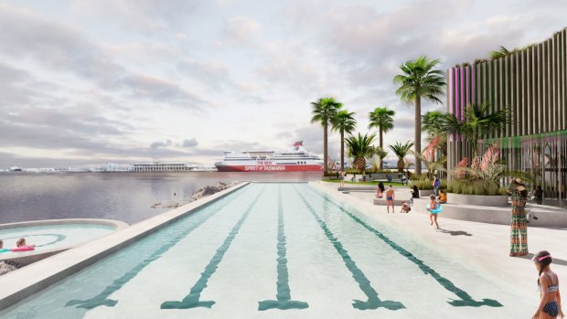 Artist's impression by Andre Bonnice of a proposal for a new pool in Port Melbourne, on the foreshore. 