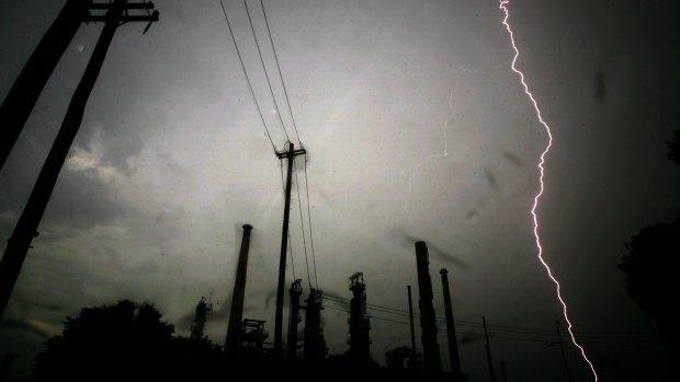 Lightning strikes near the Caltex refinery in Silverwater, in Sydney's west.