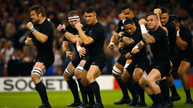 Richie McCaw leads the All Blacks in the Haka prior to their match against Georgia.