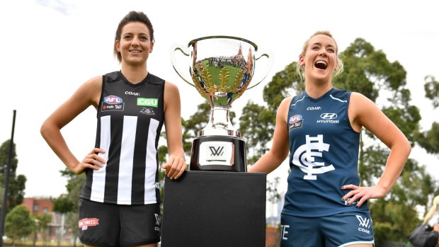 Opposing captains Steph Chiocci of the Magpies and Lauren Arnell of the Blues.