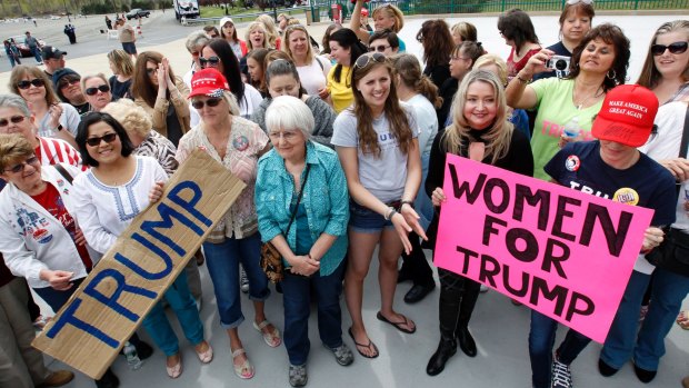 Women show support for Donald Trump in Wilkes-Barre, Pennsylvania in April last year.