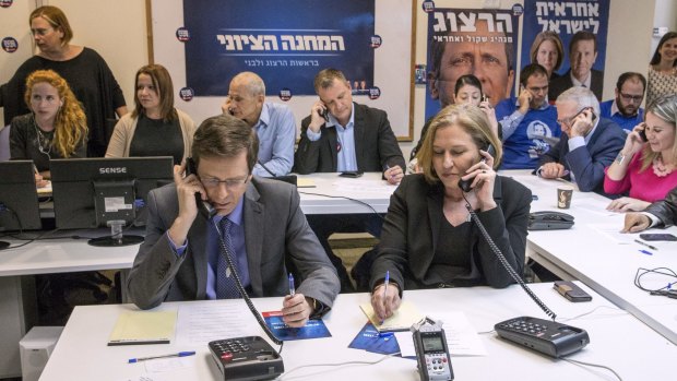Israeli co-leaders of the Zionist Union list, Isaac Herzog and Tzipi Livni, at the party headquarters in Tel Aviv.