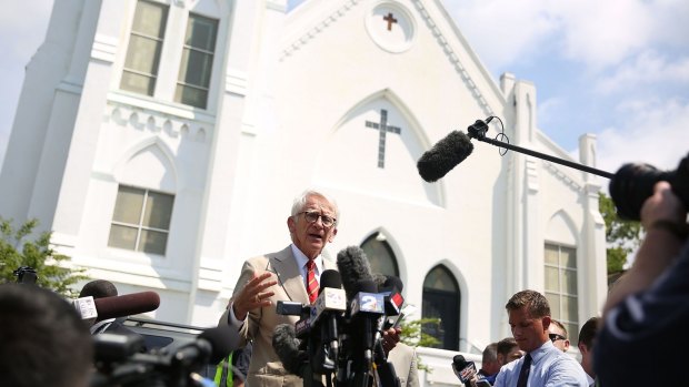 Charleston Mayor Joseph Riley speaks to the media in front of the Emanuel African Methodist Episcopal Church after a mass shooting at the church that killed nine people on June 19, 2015.