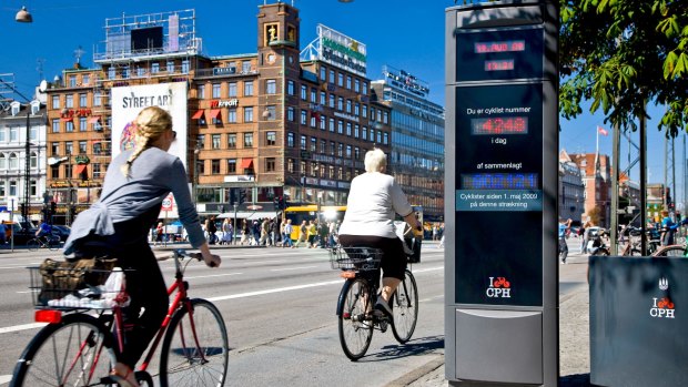 An electronic bicycle counter at the city hall square in Copenhagen, Denmark.