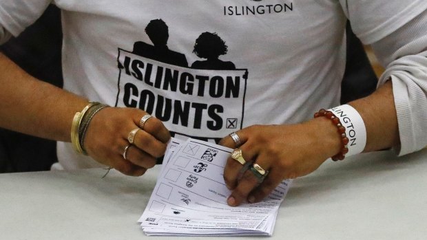 Votes cast in the general election are counted in Islington in London, shortly after the polls closed on Thursday.