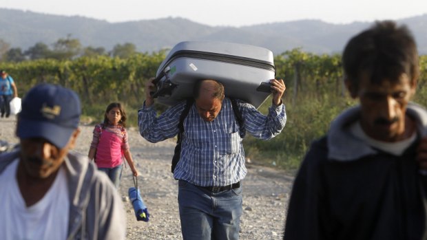 A Syrian refugee near the southern Macedonian town of Gevgelija on Saturday.